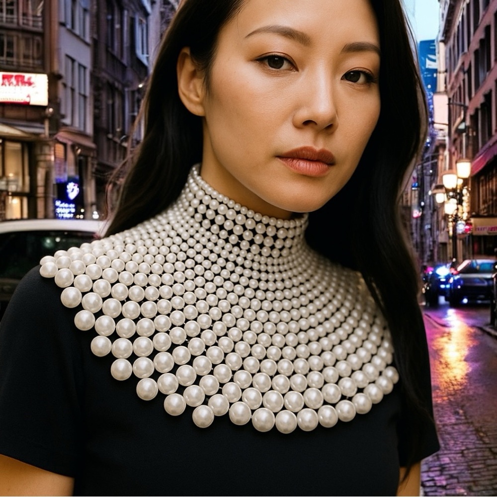 Cream faux pearl Beaded Armor Choker Bib Chain Necklace